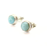 Larimar, round stud earrings with silver edge