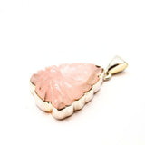 Rose quartz, engraved ornate pattern, silver pendant
