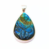 Labradorite, fantastic pendant with engraved pattern