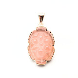 Rose quartz, engraved ornate pattern, silver pendant