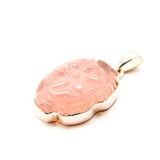 Rose quartz, engraved ornate pattern, silver pendant