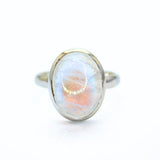 Rainbow moonstone in silver ring size 10