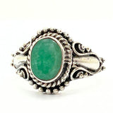 Emerald, silver ring with filigree band