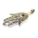 Garnet, hamsa hand filigree silver pendant