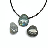 Labradorite, tumbled pendant or necklace on leather strap
