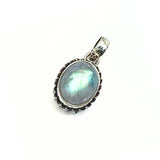 Rainbow moonstone, small oval pendant in plain silver