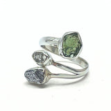 Moldavit, pakimer diamant och meteorit i silverring