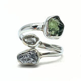 Moldavit, pakimer diamant och meteorit i silverring