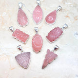 Rose quartz, engraved ornate pattern, silver pendant