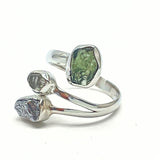 Moldavit, pakimer diamant och meteorit i silverring