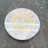 Rose quartz, engraved plate with lotus flower in gold