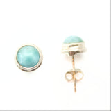 Larimar, round stud earrings with silver edge