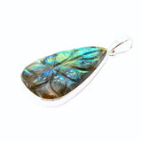 Labradorite, fantastic pendant with engraved pattern