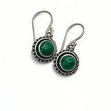 Malachite, silver earring with two stones on hook